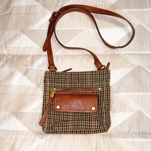 Brown Tweed Crossbody Bag with Leather Trim EUC